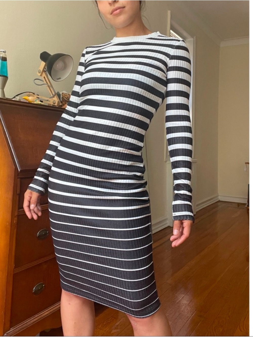 YOINS Black and White Striped Long Sleeve Ribbed Bodycon Dress